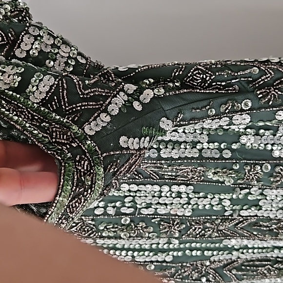 Mac DuggalHigh Neck Short Sleeve Crystal Fringe Column Dress - Picture 12 of 13